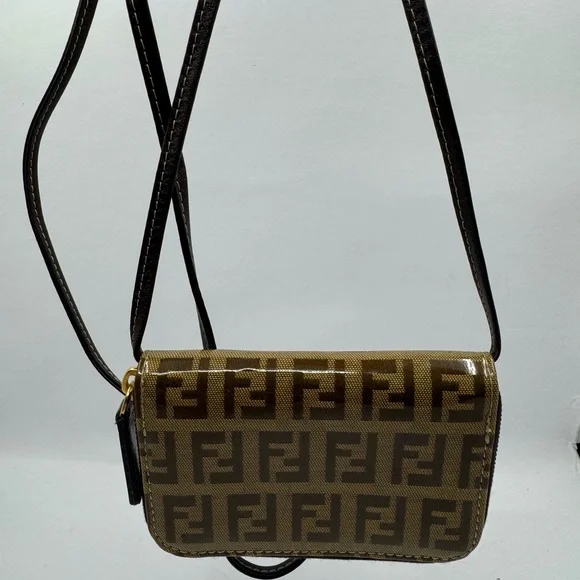 Fendi Zucca Leather Zipper Coin Wallet Pouch Mini Crossbody 22974 - Picture 1 of 4